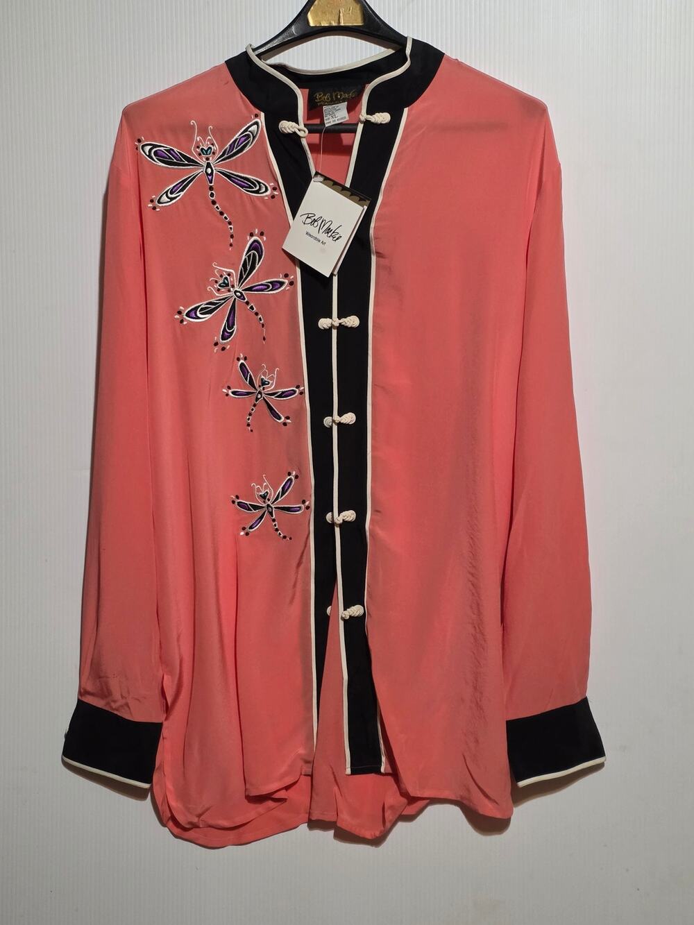 NWT Bob Mackie Wearable Art Silk Dragonfly Blouse Coral Pink Frog Knot XL